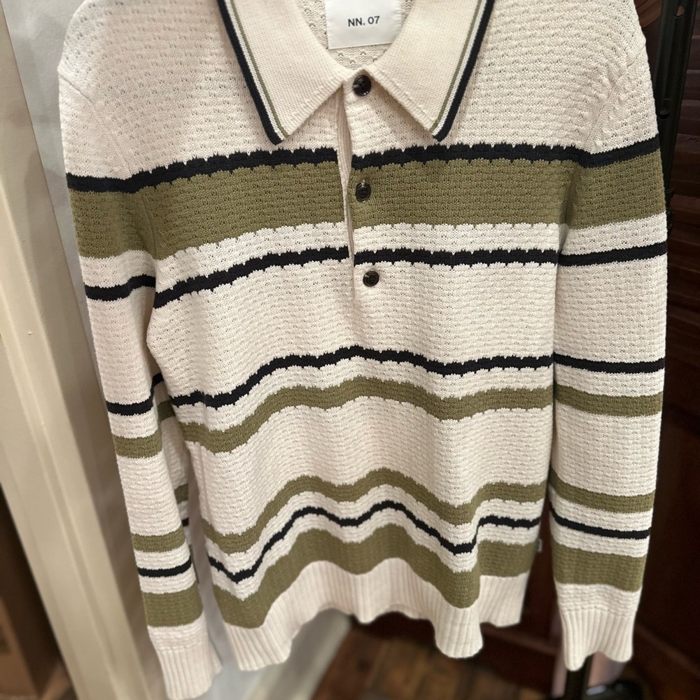 NN.07 Men's Olive and White Striped L/S Polo Shirt